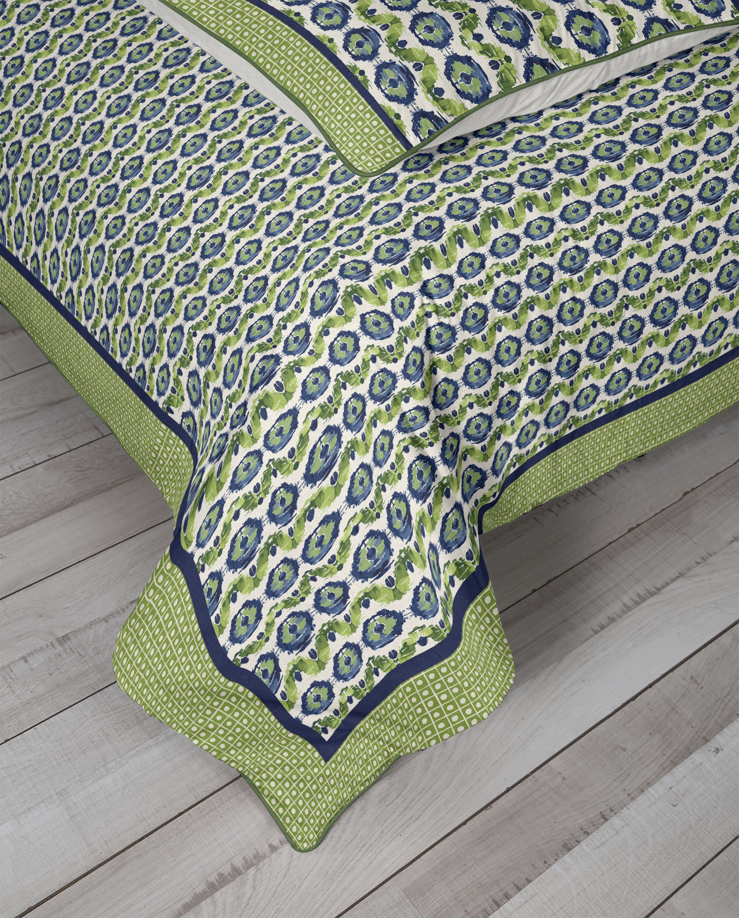 Ikat Fusion Cotton Duvet Cover Set Vivid Green Navy Blues