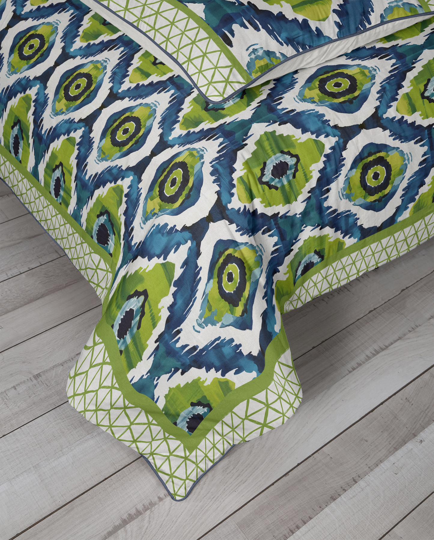 Ikat Fusion Cotton Duvet Cover Set Vivid Green Navy Blues