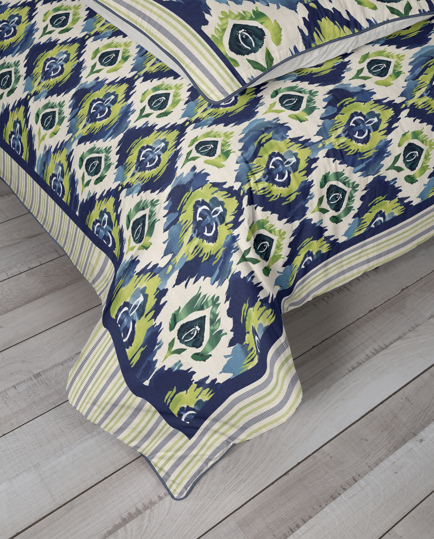 Ikat Fusion Cotton Duvet Cover Set Vivid Green Navy Blues