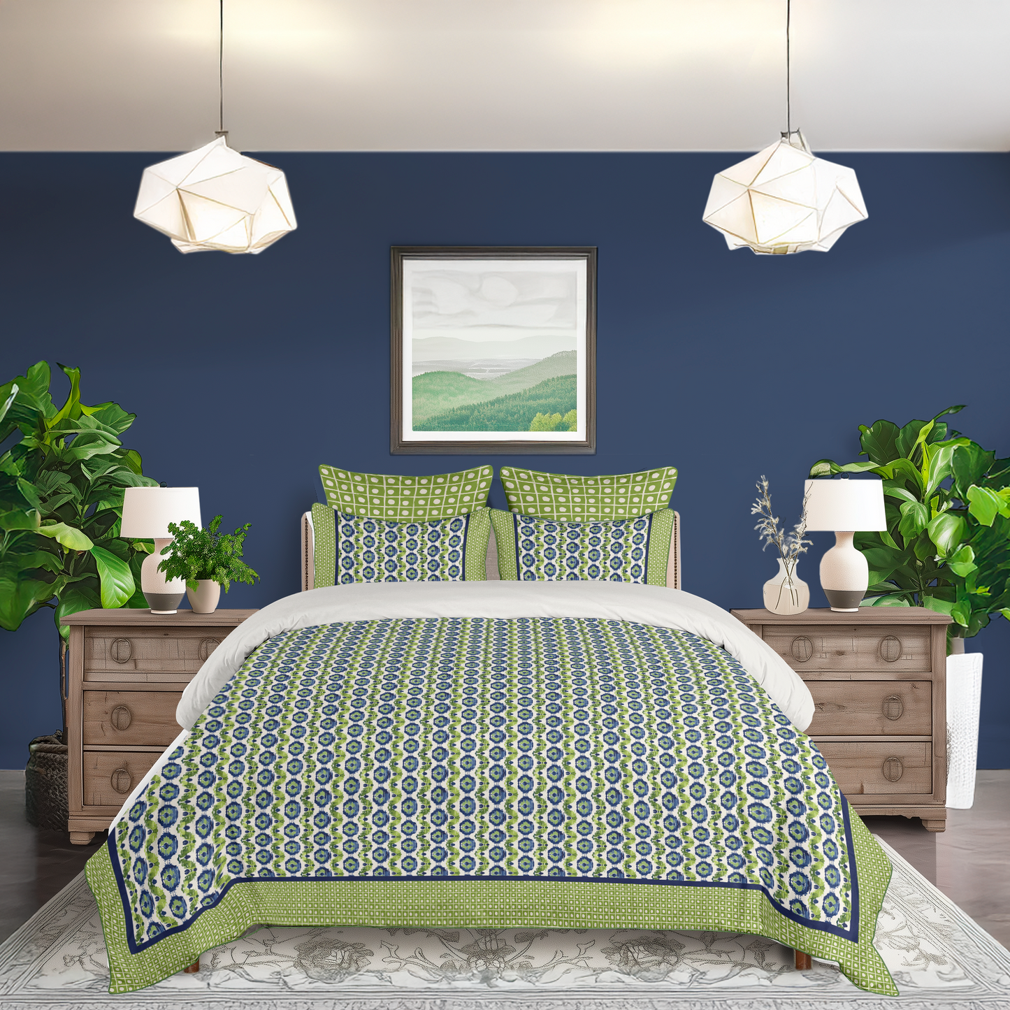 Ikat Fusion Cotton Duvet Cover Set Vivid Green Navy Blues