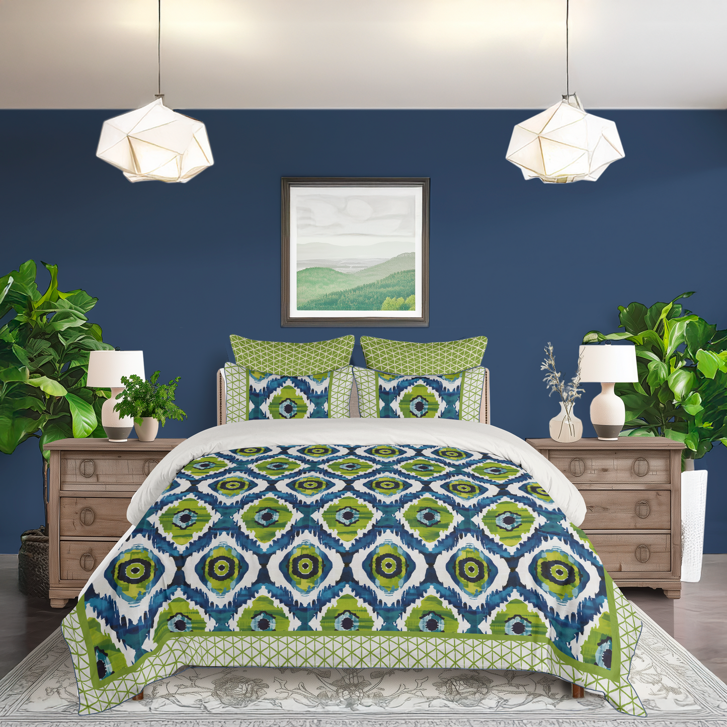 Ikat Fusion Cotton Duvet Cover Set Vivid Green Navy Blues
