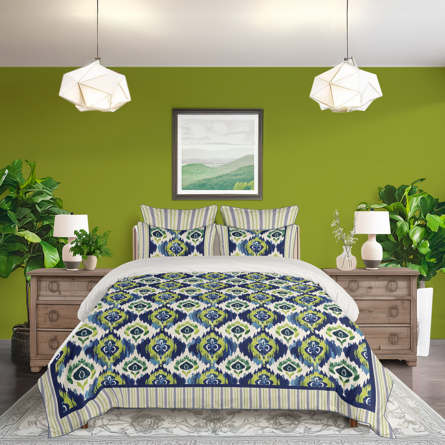 Ikat Fusion Cotton Duvet Cover Set Vivid Green Navy Blues