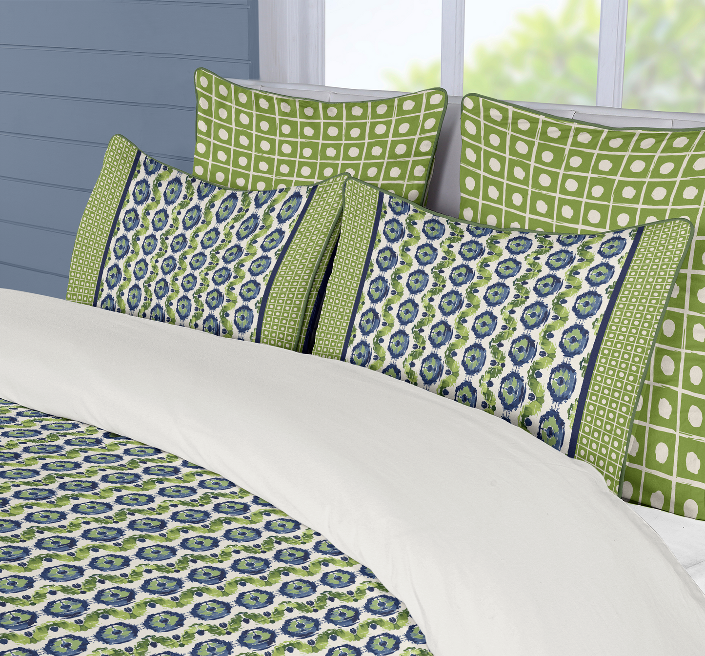 Ikat Fusion Cotton Duvet Cover Set Vivid Green Navy Blues