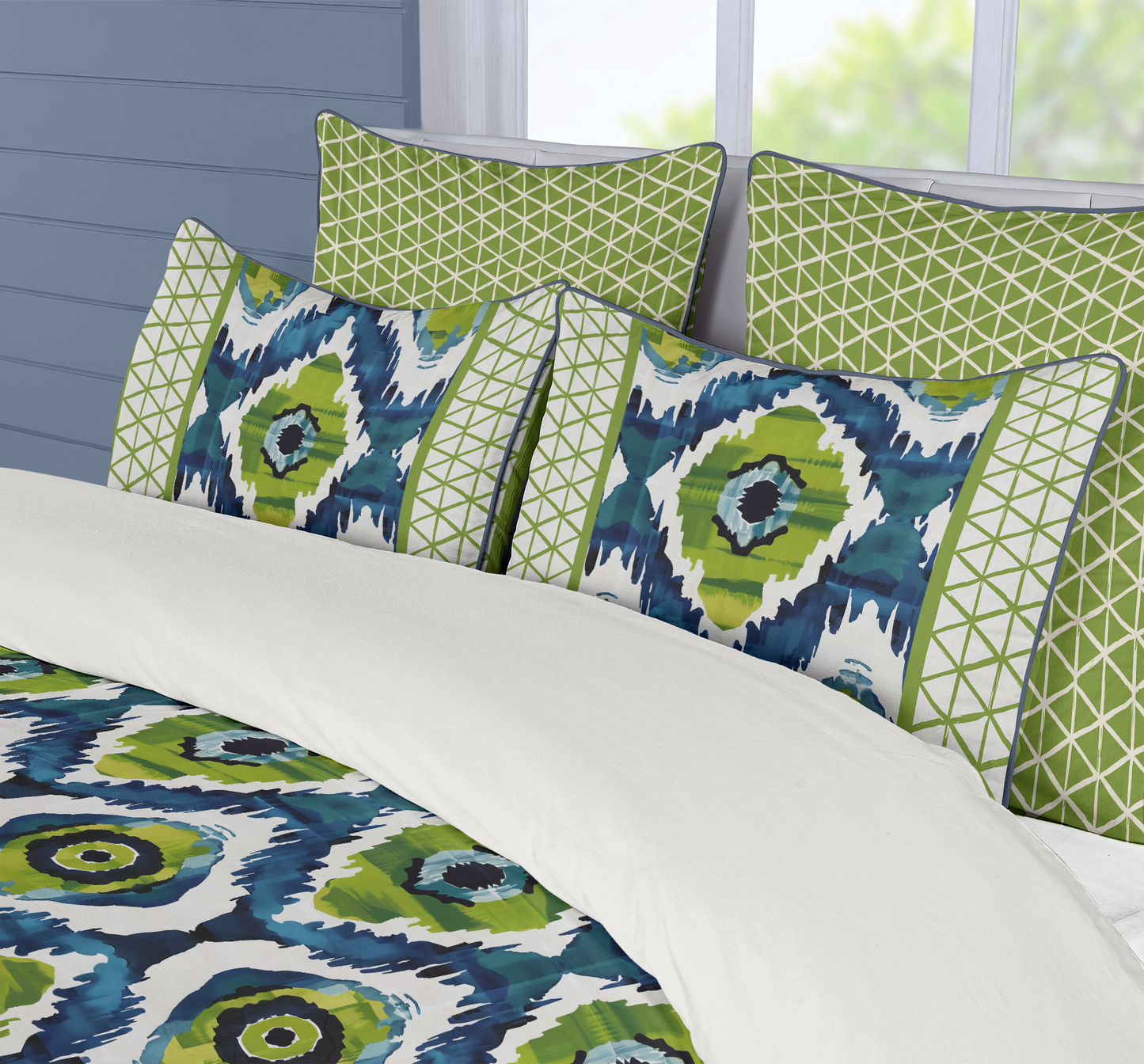 Ikat Fusion Cotton Duvet Cover Set Vivid Green Navy Blues
