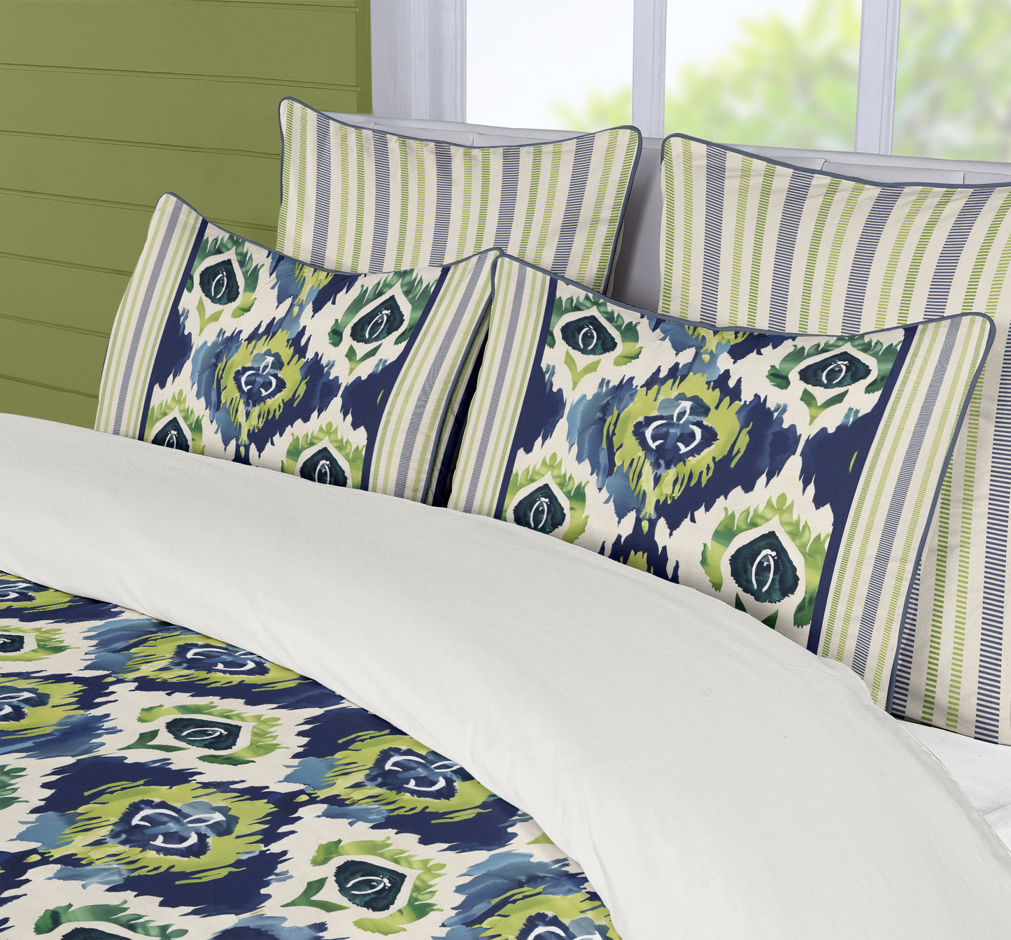 Ikat Fusion Cotton Duvet Cover Set Vivid Green Navy Blues