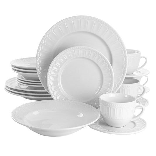 Elama Charlotte 20 Piece White Porcelain Dinnerware Set With Elegant Arch And Dot Design