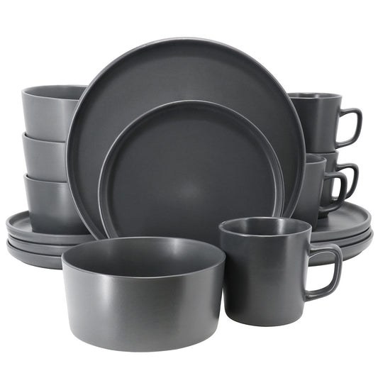 Elama Luxmatte Dark Grey 16-Piece Stoneware Dinnerware Set for Family Dinners