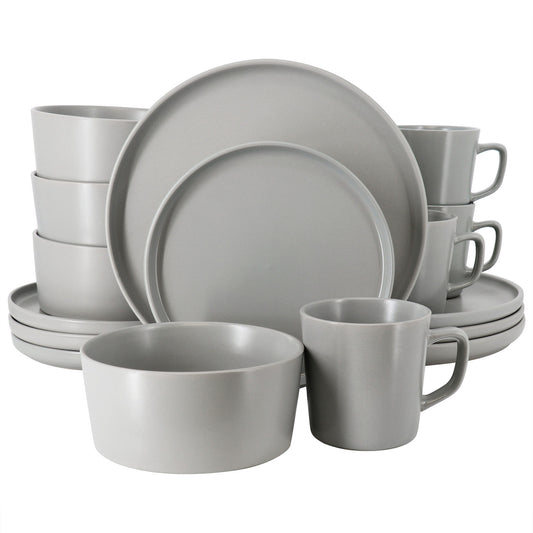 Elegant Elama Luxmatte Light Grey 16 Piece Stoneware Dinnerware Set with Minimalist Design