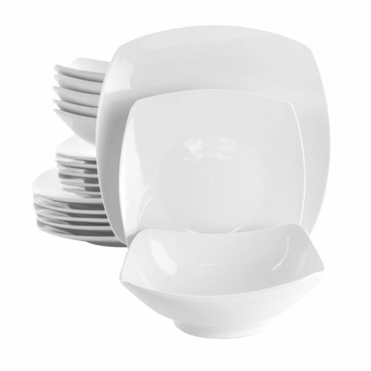 Elama Newman 18-Piece Square Porcelain Dinnerware Set In Glossy White With Six Plates, Six Bowls And Modern Design