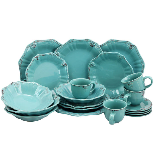 Elama Fleur De Lys 20-Piece Stoneware Dinnerware Set In Turquoise With Hand-Painted Design And Service For Four