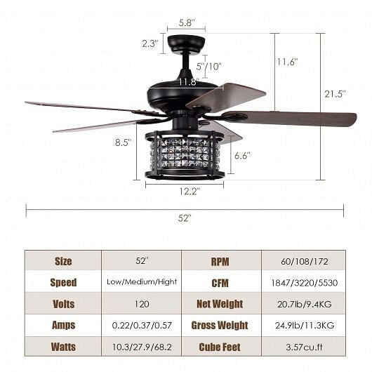 52 Inch 3-Speed Crystal Chandelier Ceiling Fan with Remote Control Black