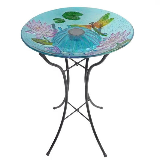 Colorful Outdoor Glass Bowl Bird Bath With Black Metal Stand And Solar Powered Light