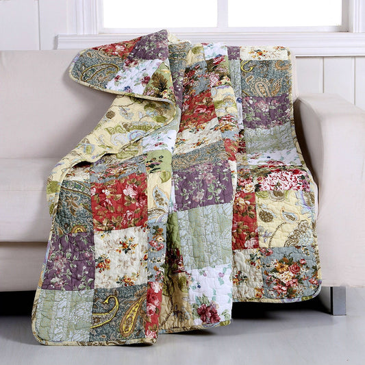 Vibrant Red Green Blue Purple Yellow White 100% Cotton Floral Patchwork Quilted Throw Blanket 50x60 Inches