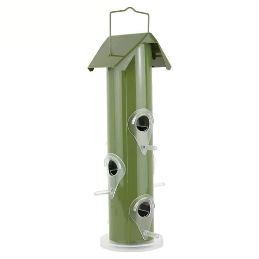 Olive Green Metal Tube Bird Feeder with 6 Perches for Outdoor Patio Garden