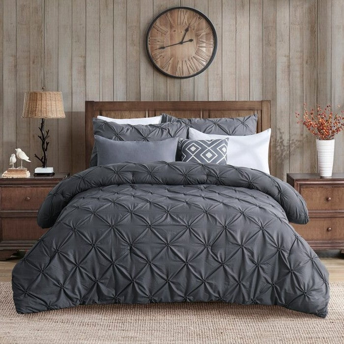 King Size All Season Pleated Hypoallergenic Microfiber Reversible 3 Piece Comforter Set in Gray-0