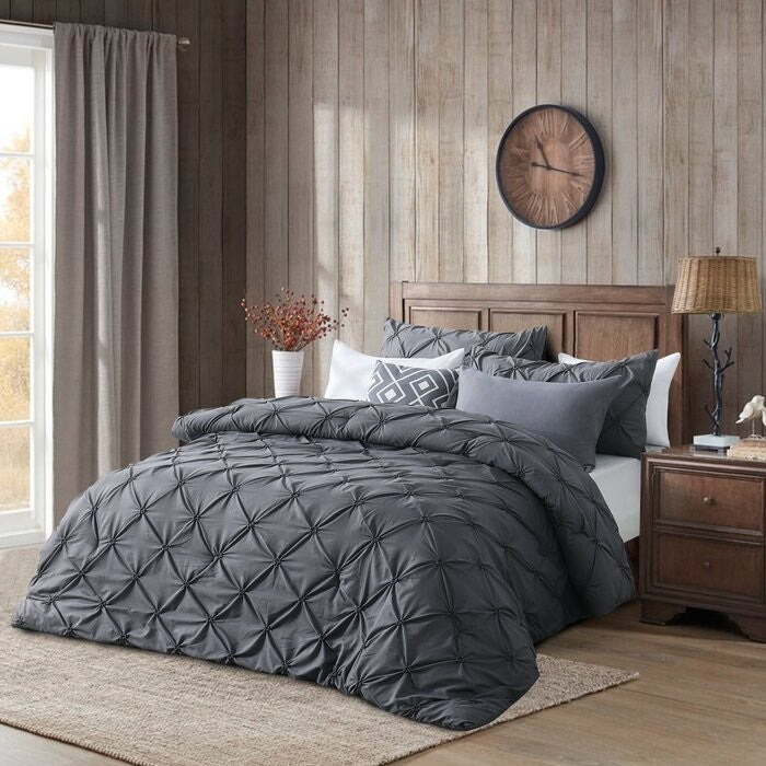 King Size All Season Pleated Hypoallergenic Microfiber Reversible 3 Piece Comforter Set in Gray-1