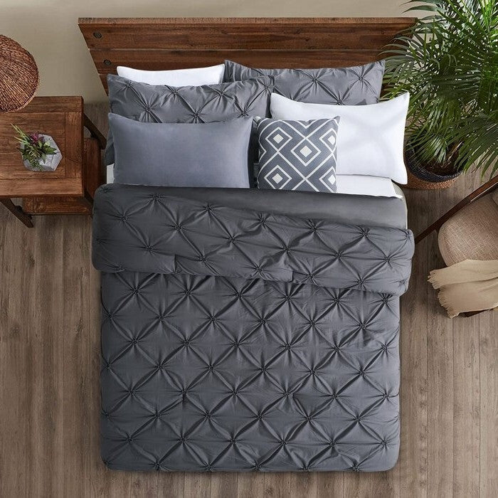 King Size All Season Pleated Hypoallergenic Microfiber Reversible 3 Piece Comforter Set in Gray-2