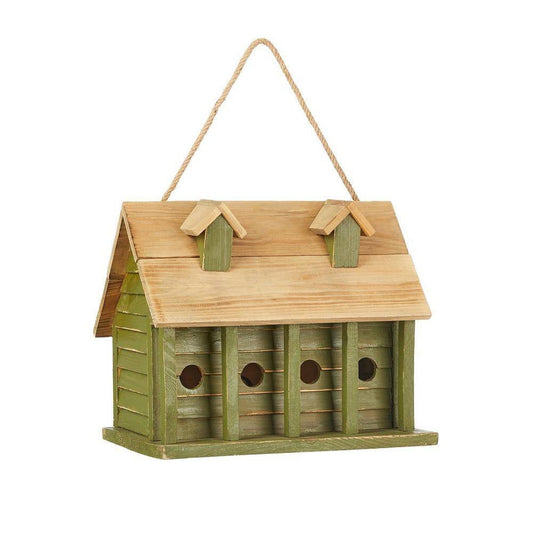 Handmade Green Wood Garden Bird House with 1 Compartment and 4 Holes