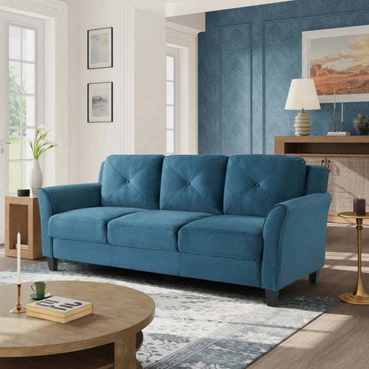 Modern 3-Seater Upholstered Sofa in Blue Microfiber with Button Tufted Cushions-0