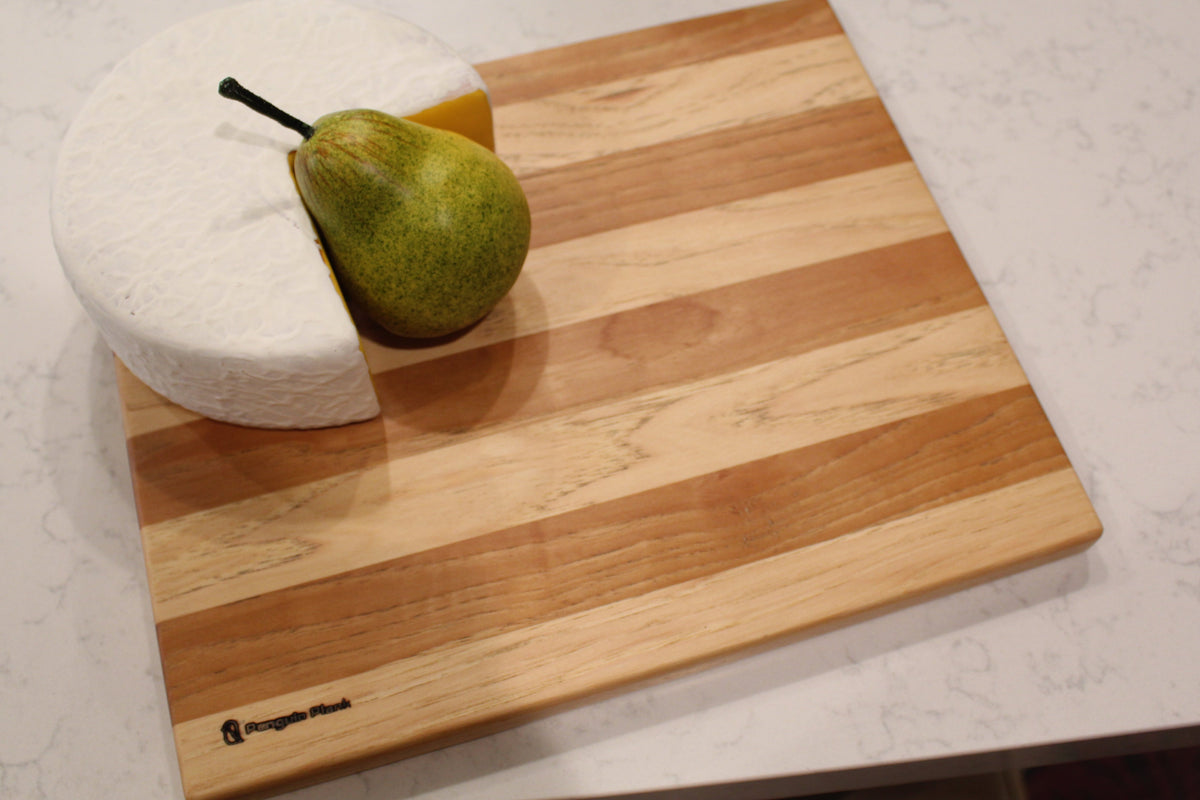Hickory wood cheese board, handcrafted serving plank for entertaining.