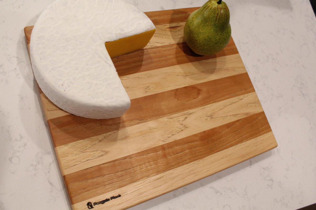 Hickory wood cheese board, handcrafted serving plank for entertaining.