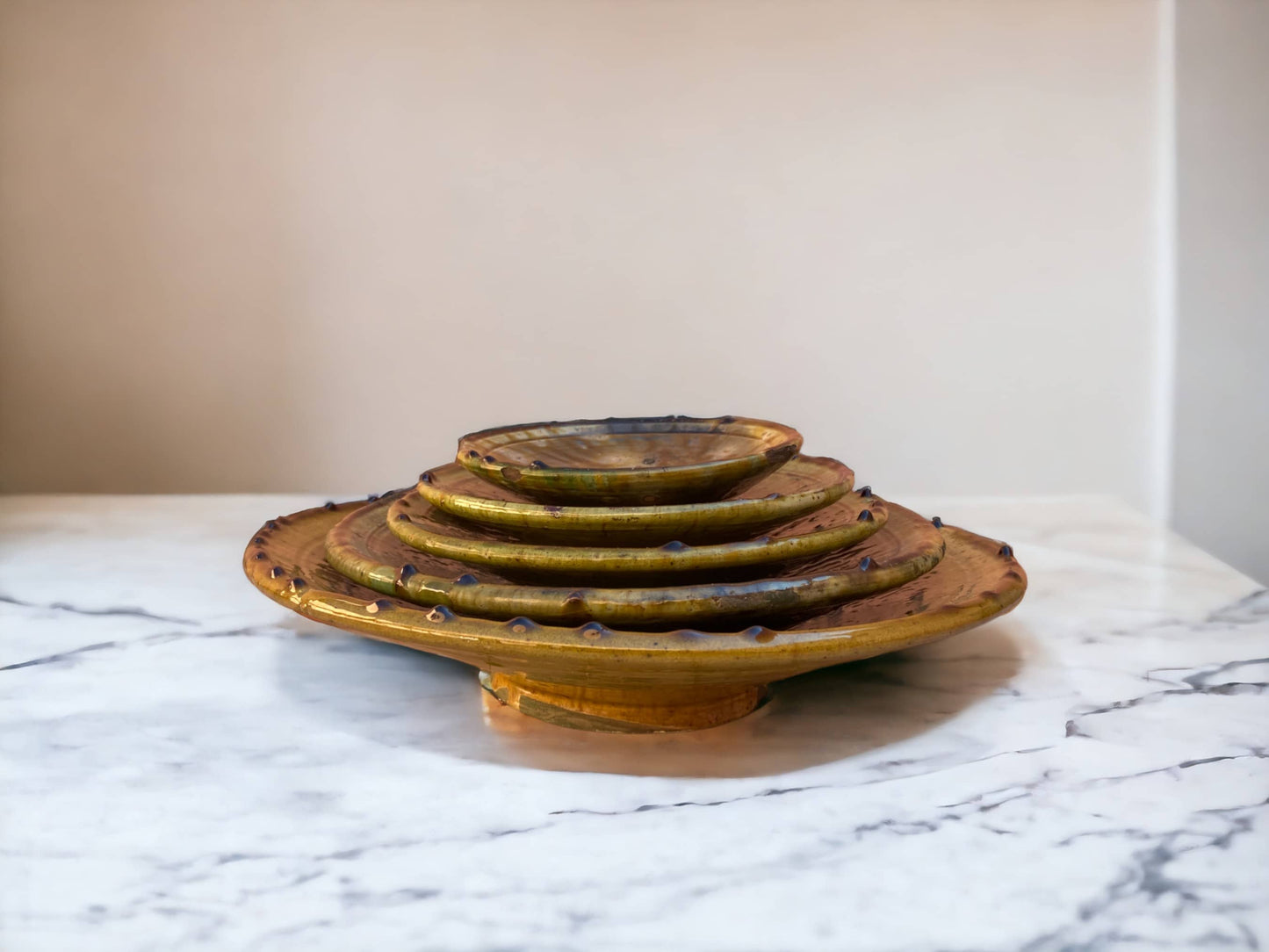 Tamegroute Plates Set Handmade in Morocco Ochre Glazed Pottery