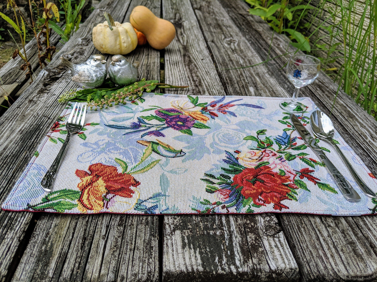 Set of 4 tropical sky blue bird floral tapestry placemats, 13x19 inches