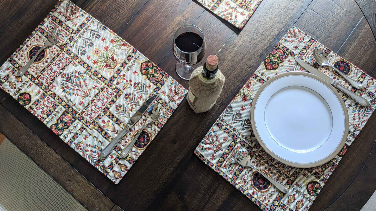 Elevate Your Dining Experience with the Mughal Floral Table Tapestry Set – 8-Piece Ensemble