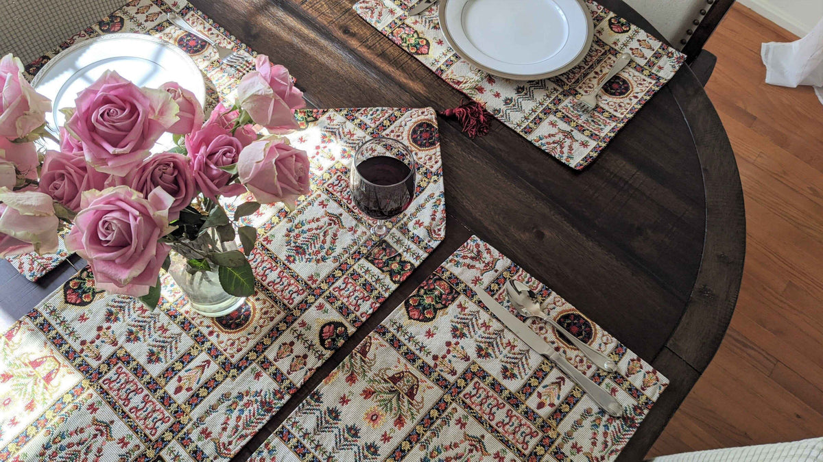 Elevate Your Dining Experience with the Mughal Floral Table Tapestry Set – 8-Piece Ensemble