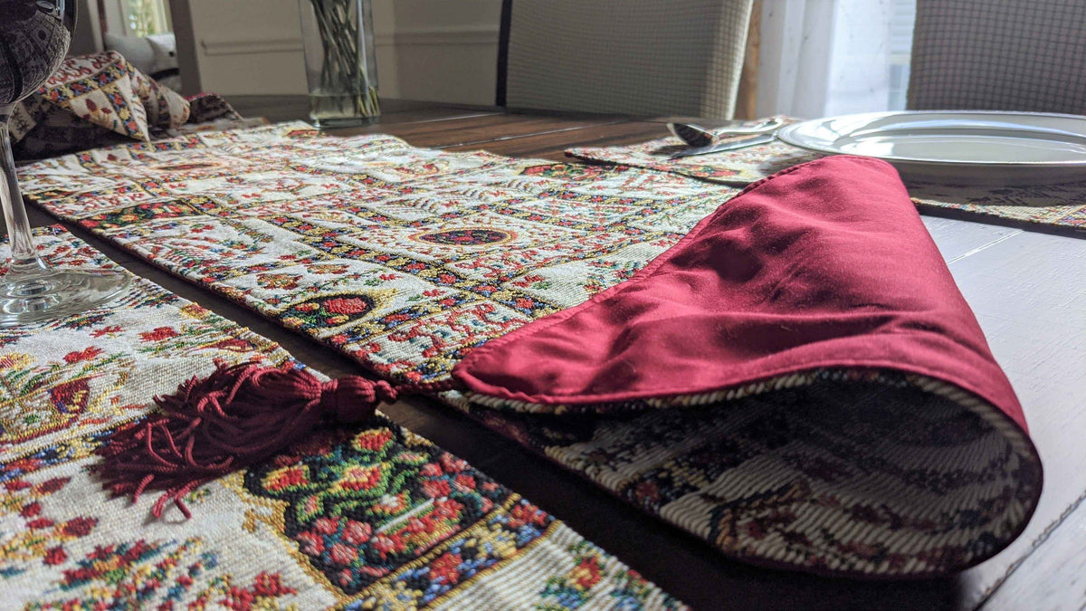 Elevate Your Dining Experience with the Mughal Floral Table Tapestry Set – 8-Piece Ensemble
