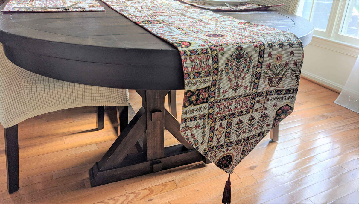 Elevate Your Dining Experience with the Mughal Floral Table Tapestry Set – 8-Piece Ensemble