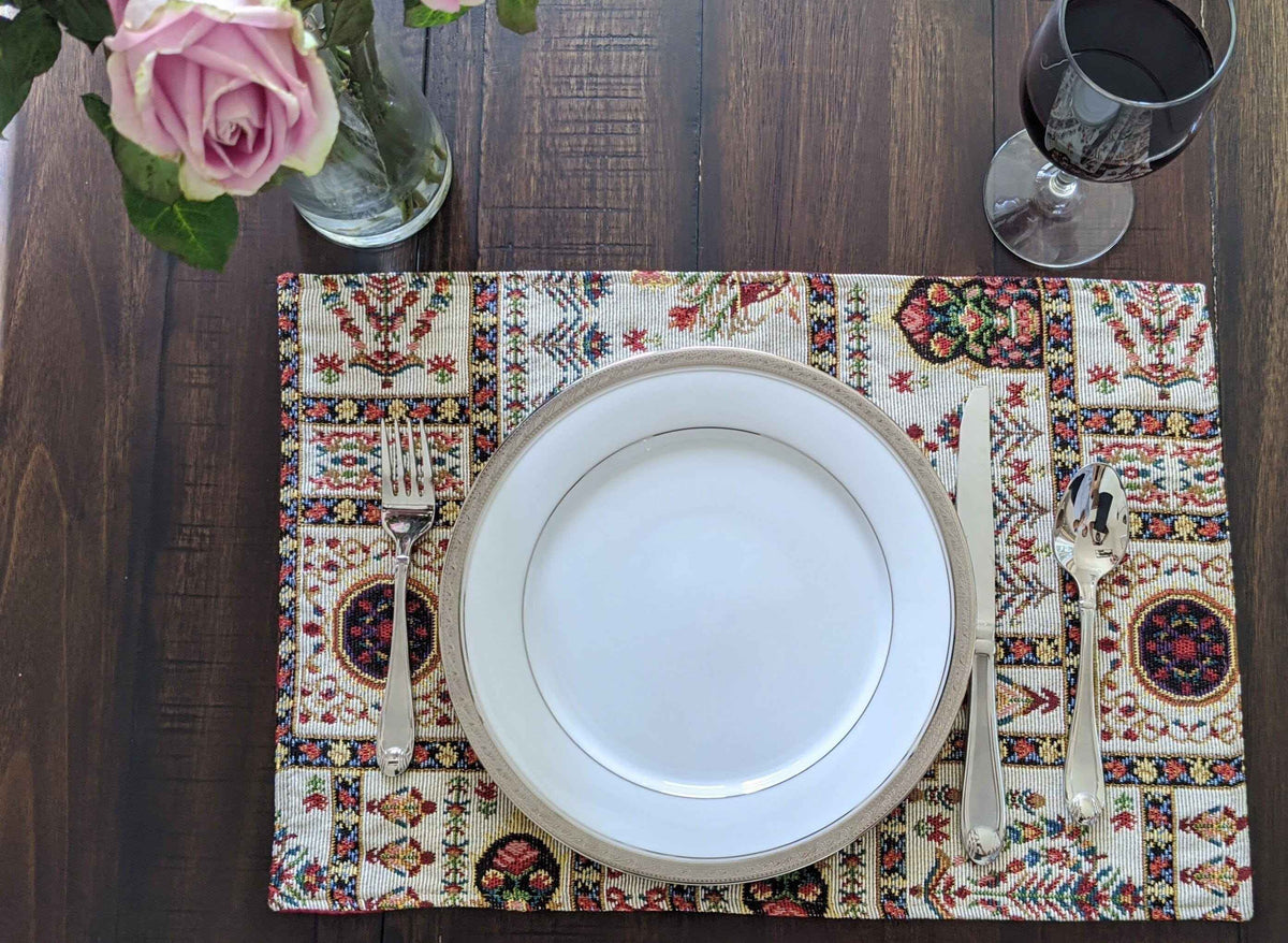 Elevate Your Dining Experience with the Mughal Floral Table Tapestry Set – 8-Piece Ensemble