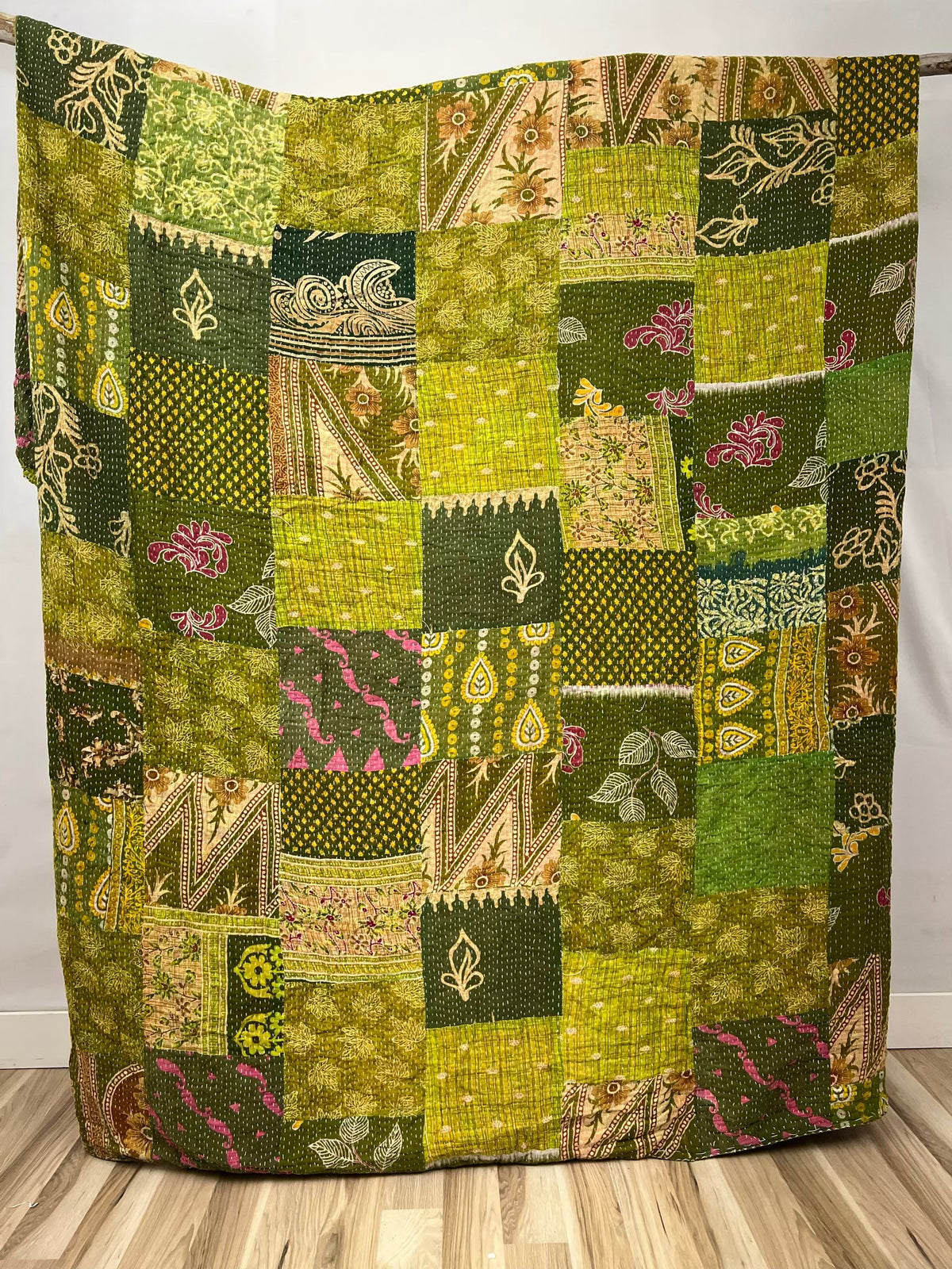 King size vintage sari patchwork kantha quilt, handstitched by artisans.