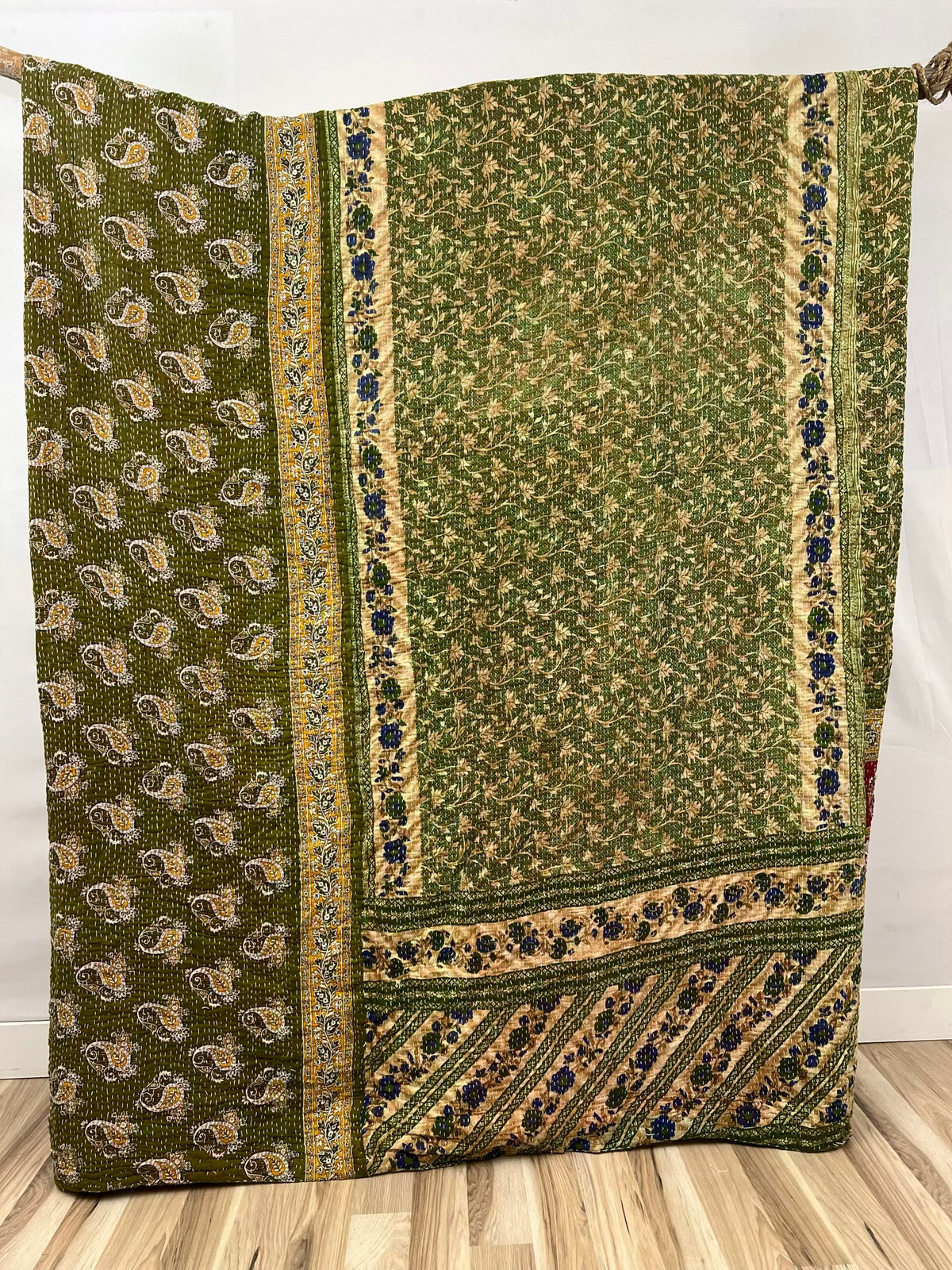 King size vintage sari patchwork Kantha quilt, handstitched by artisans.