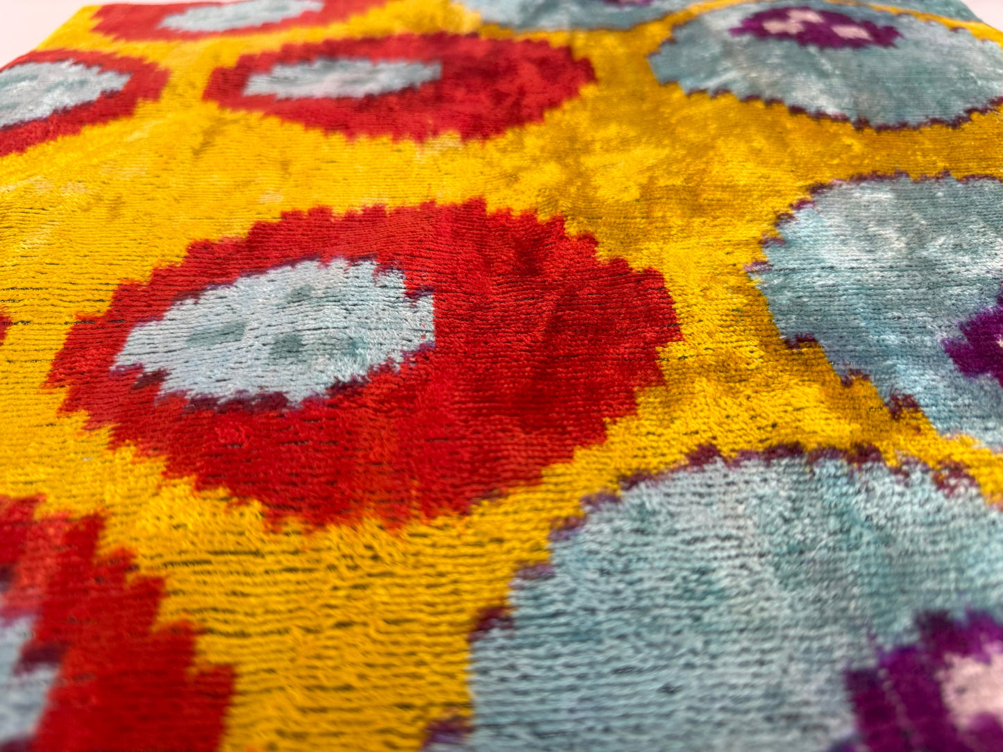 Handmade Yellow And Blue Dotted Ikat Silk Velvet Pillow 16x16 Inches