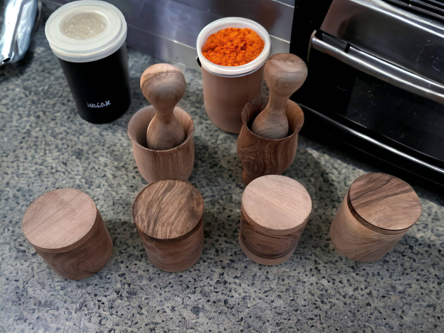 Rustic Hand-Carved Walnut Spice Jar Collection: Timeless Elegance for Your Culinary Space