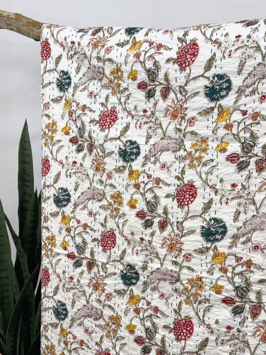 Wildflower field kantha quilt block print cotton bedspread close-up