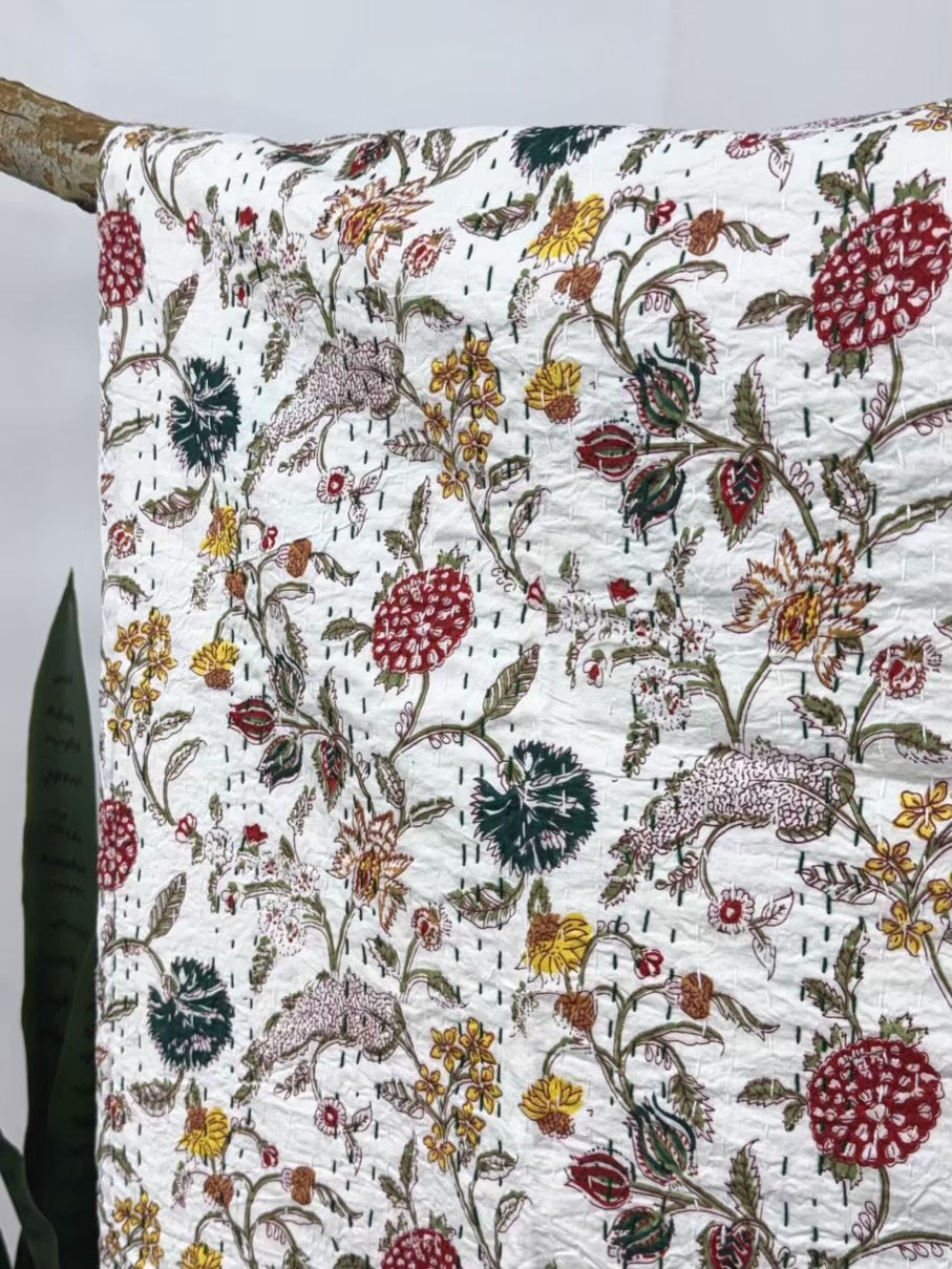 Wildflower field kantha quilt block print cotton bedspread detail