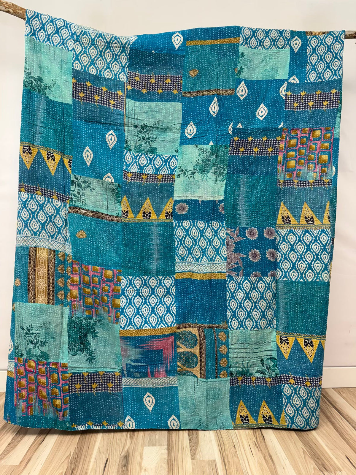 King size handmade patchwork cotton Kantha quilt made from vintage sarees.