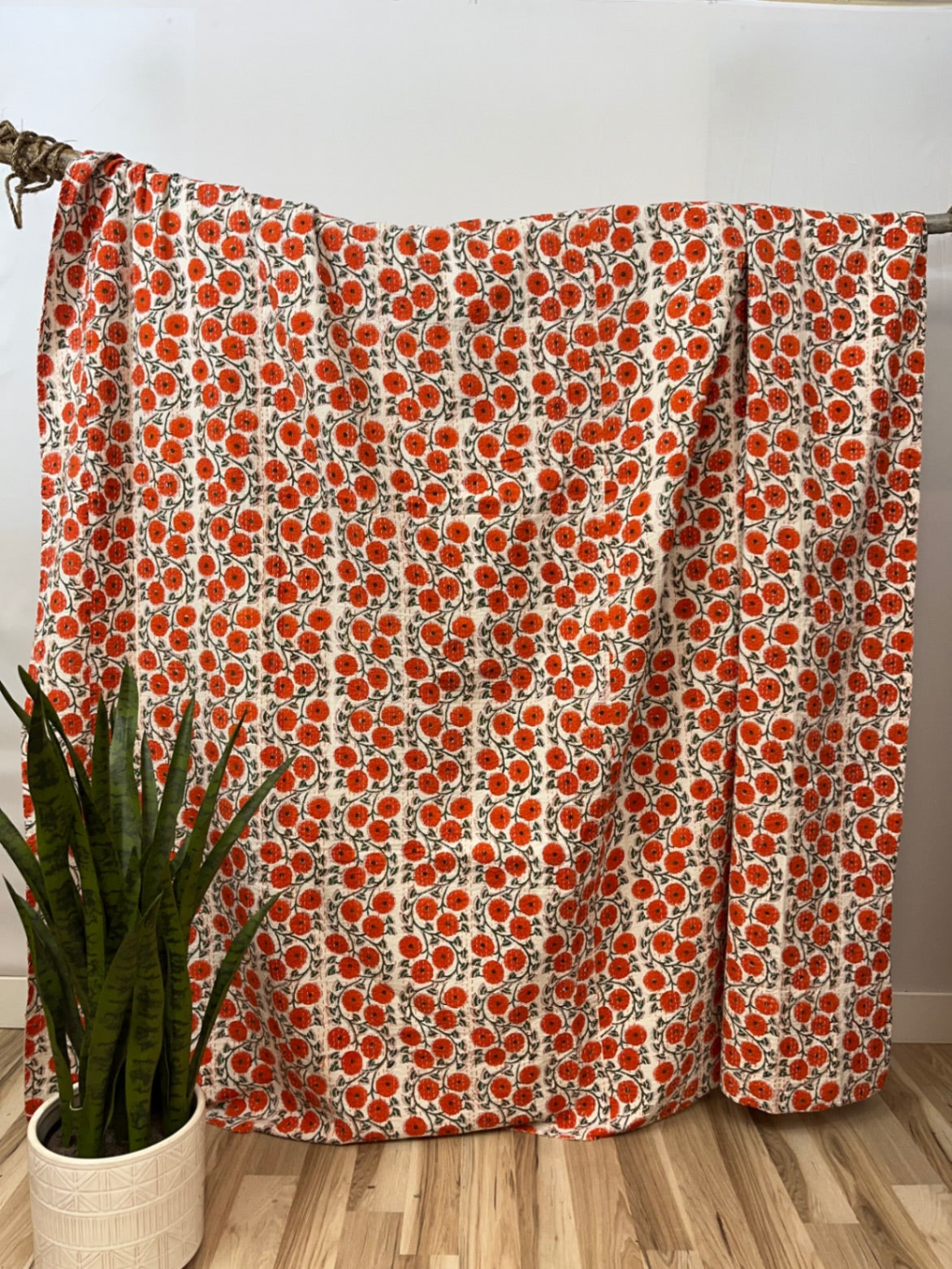 Orange poppy block print Kantha quilt handmade in Jaipur, India