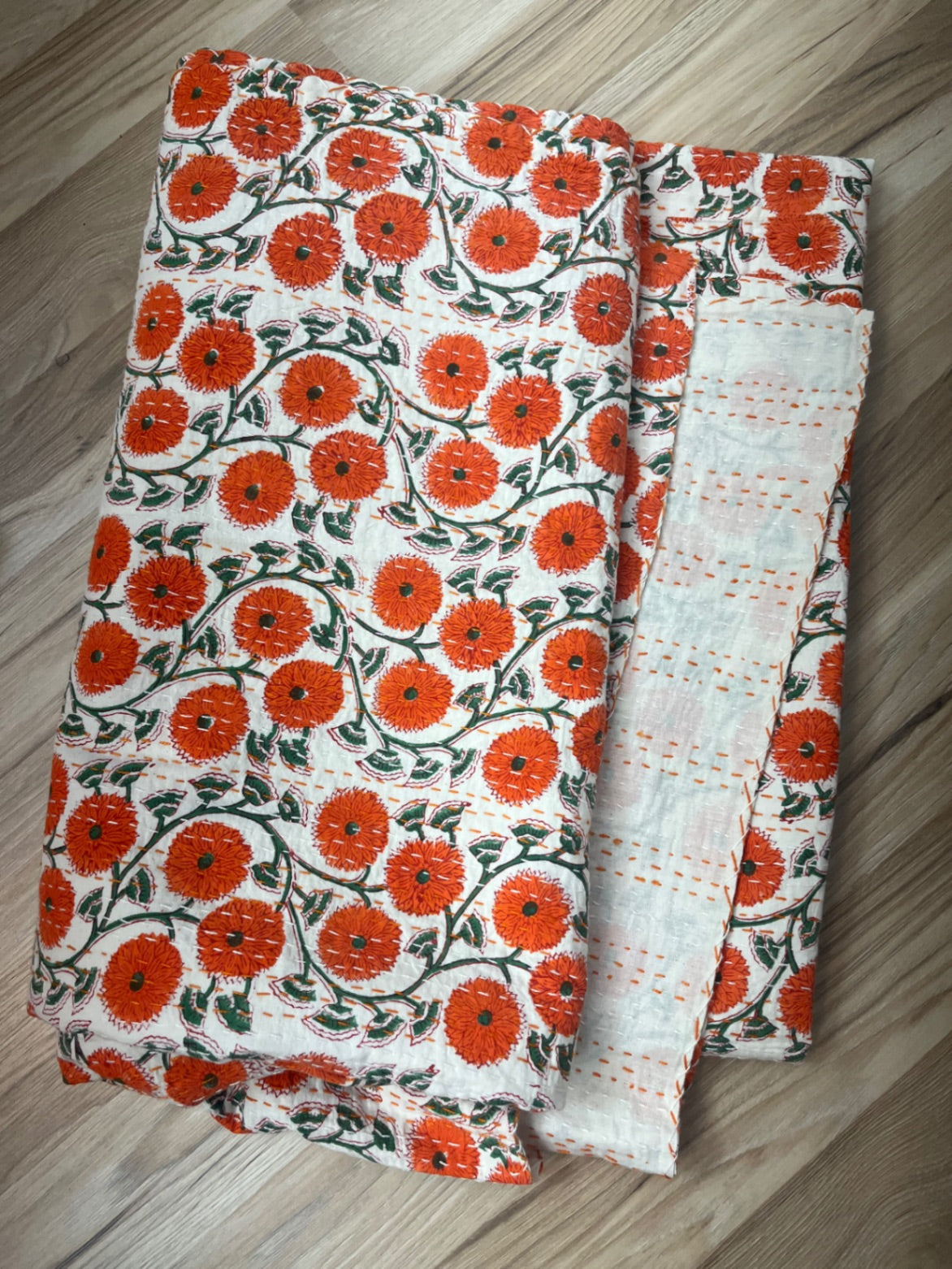 Orange poppies Kantha quilt, block print cotton, handmade in Jaipur.