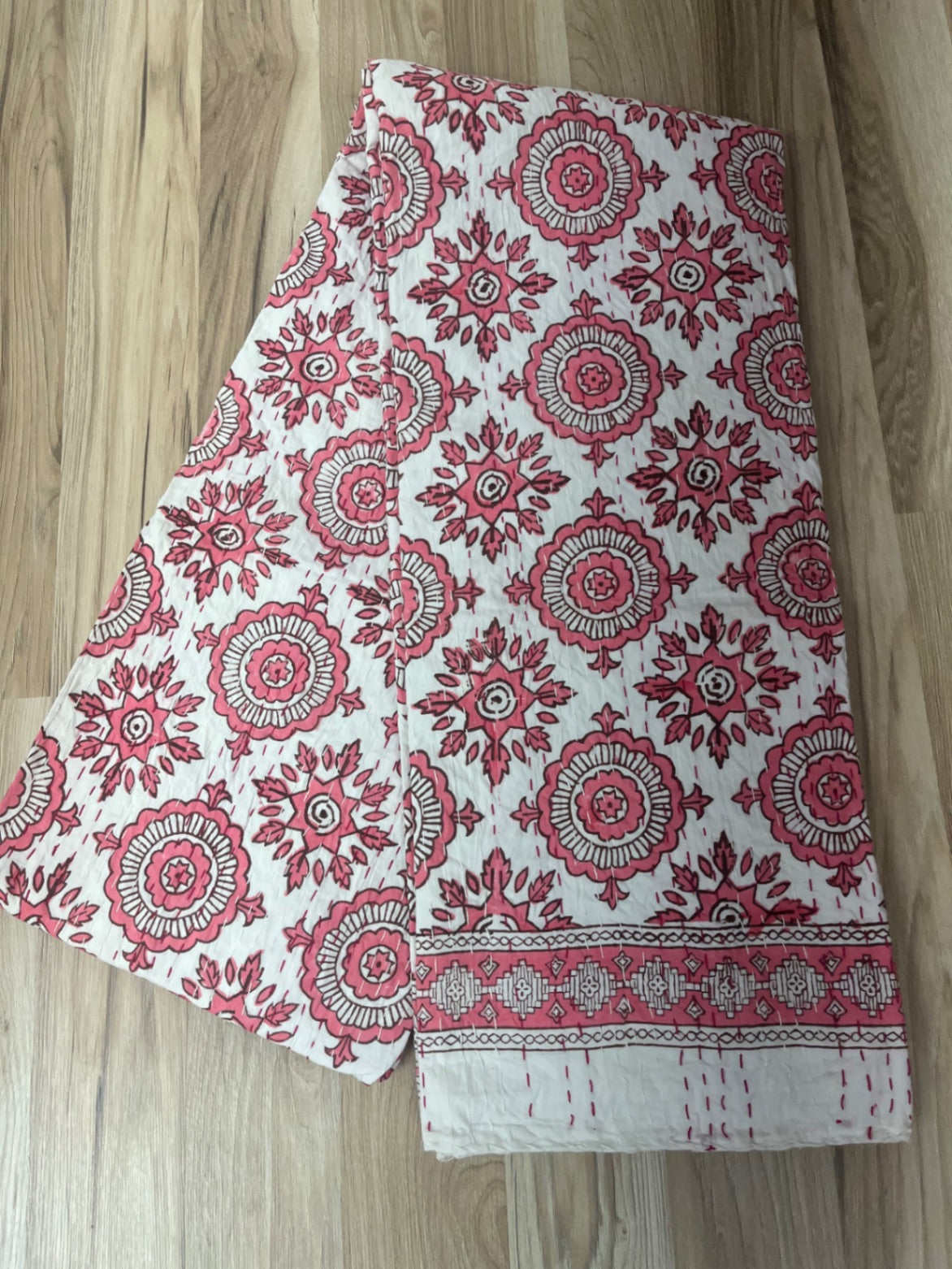 Pink compass block print cotton kantha quilt, handstitched