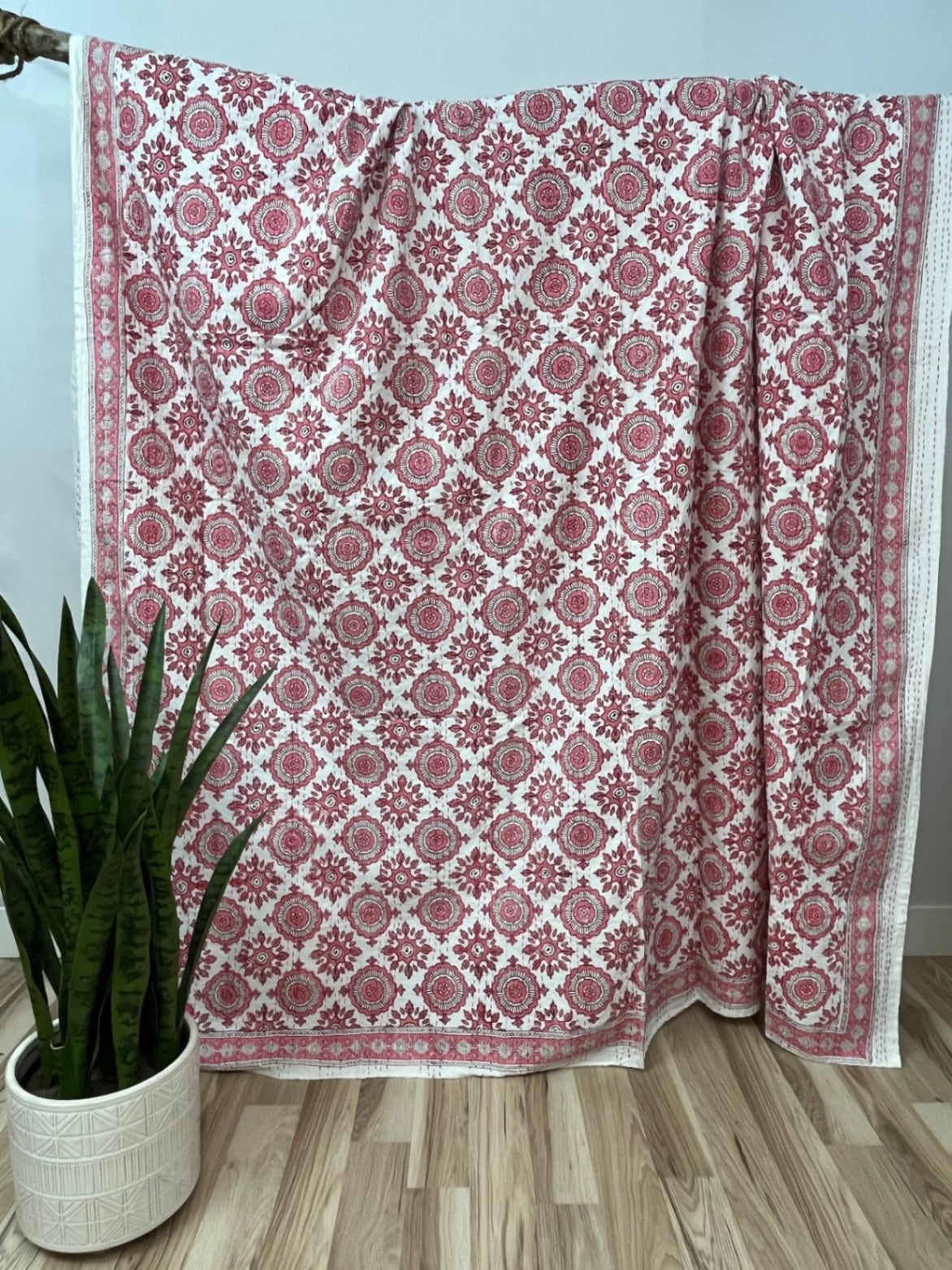 Pink compass block print cotton kantha quilt, handstitched.