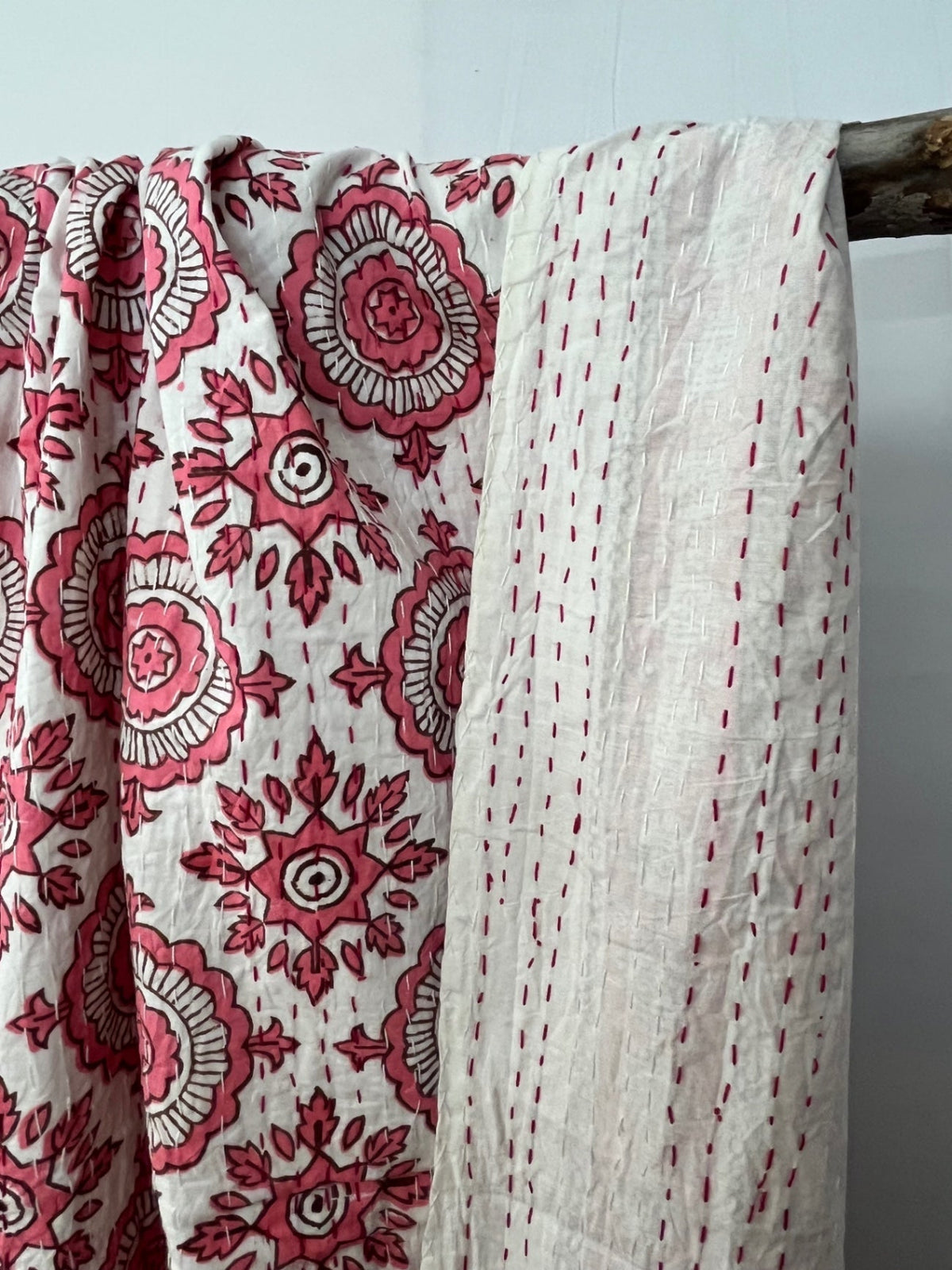 Pink compass block print cotton Kantha quilt, handstitched.