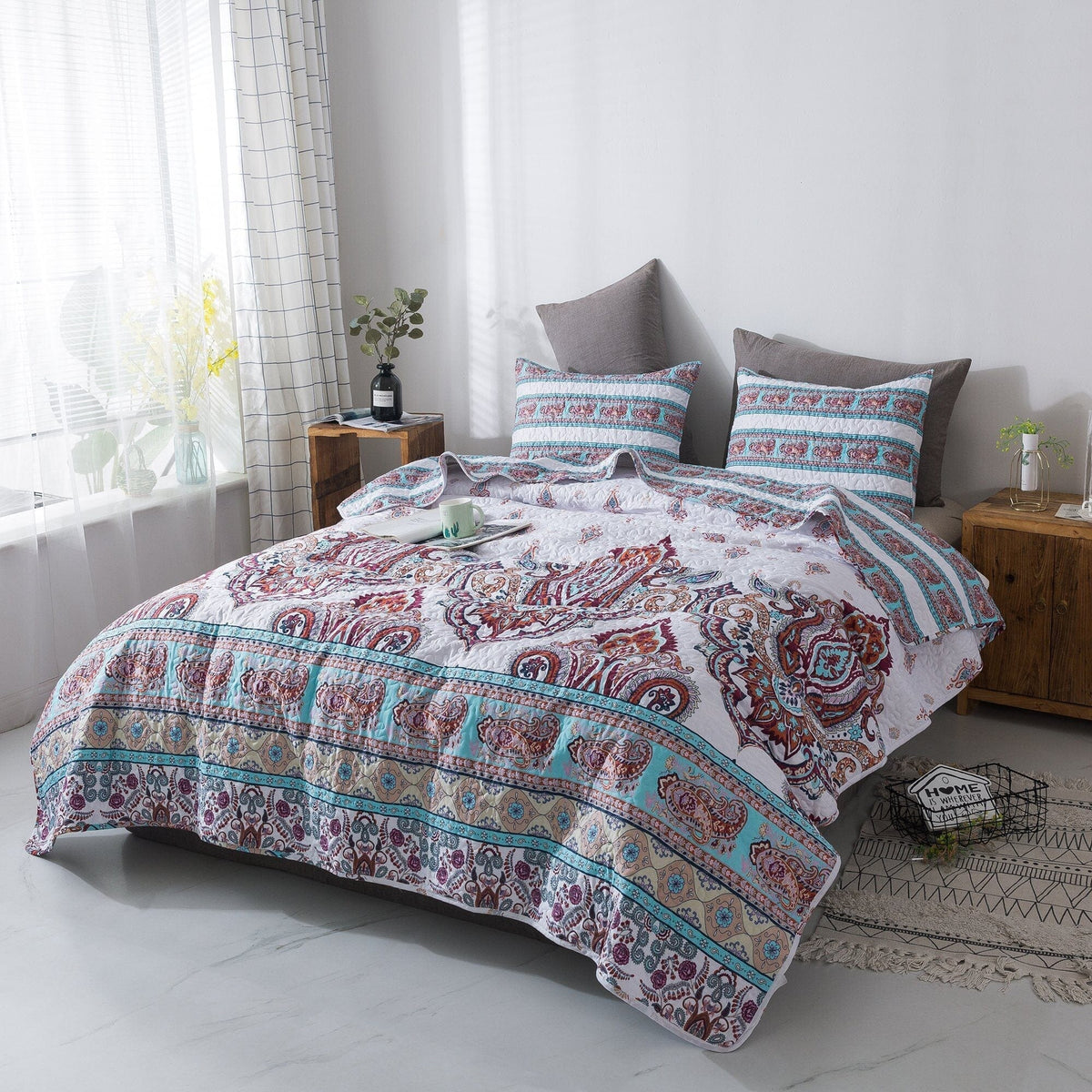 White and blue floral paisley bohemian bedspread set.