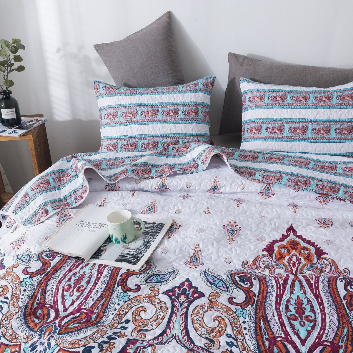 White and blue floral paisley bohemian bedspread set by DaDa Bedding