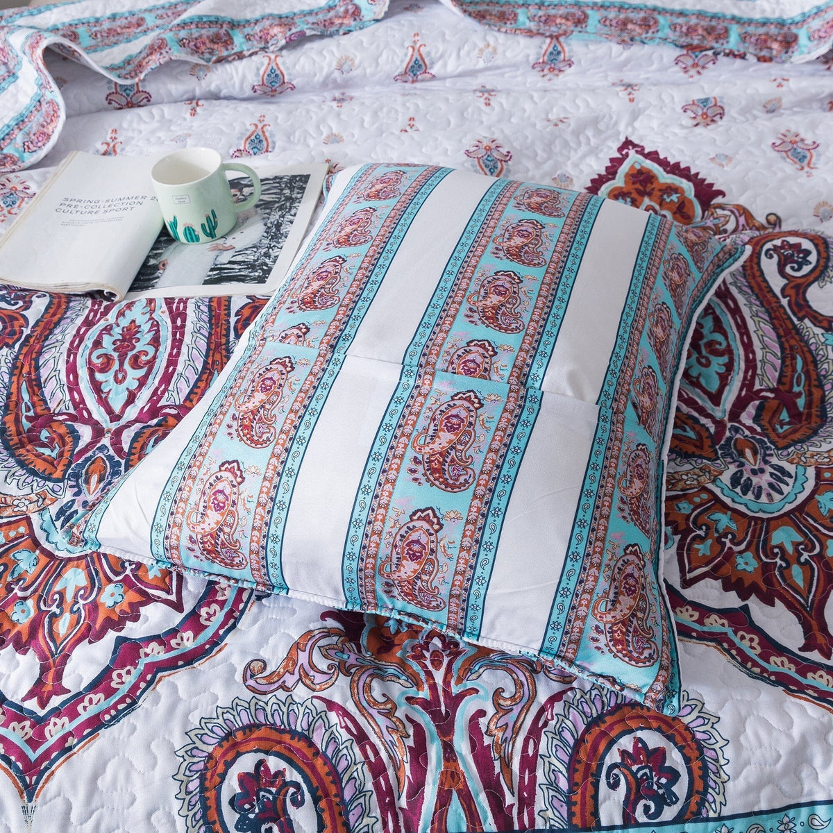 White and blue floral paisley bohemian bedspread set by DaDa Bedding