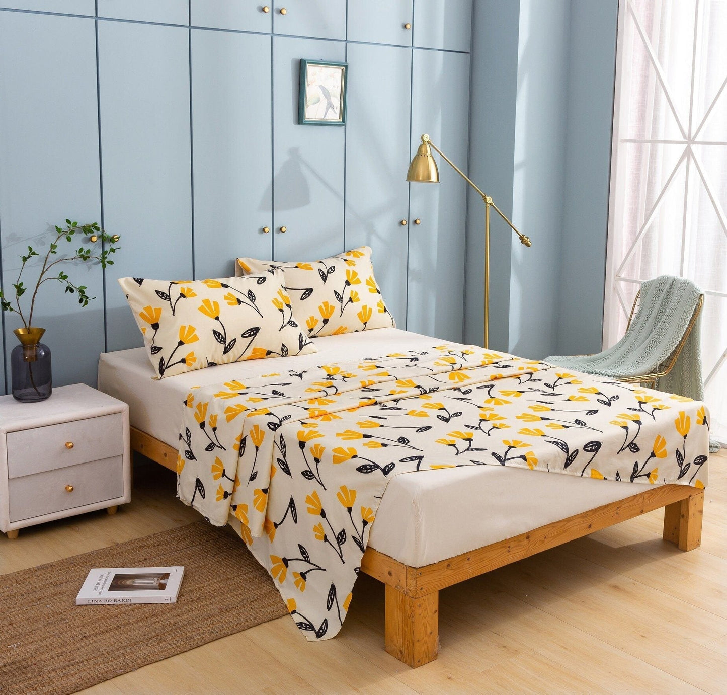 Yellow Fleur Golden Orange Floral Ivory Fitted And Flat Bed Sheets Set
