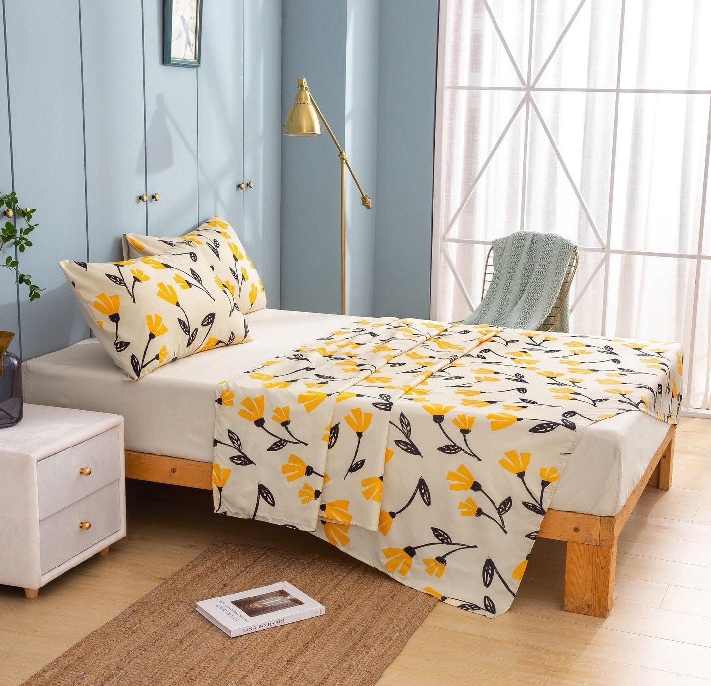 Yellow Fleur Golden Orange Floral Ivory Fitted And Flat Bed Sheets Set