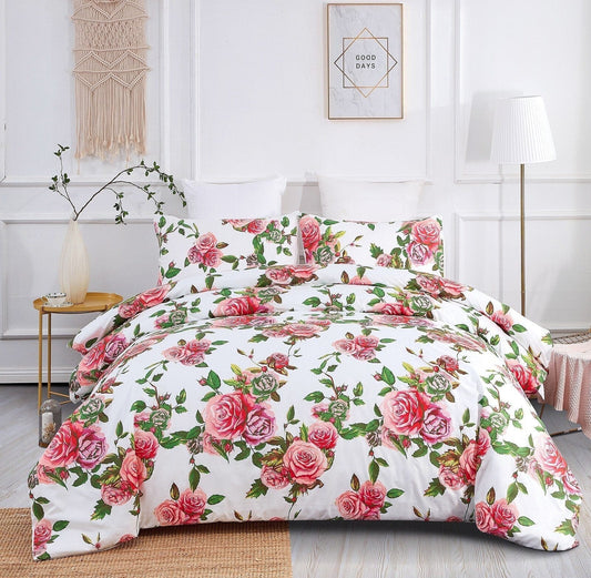 Romantic Roses Lovely Spring Pink Floral Duvet Cover Set with Pillow Cases